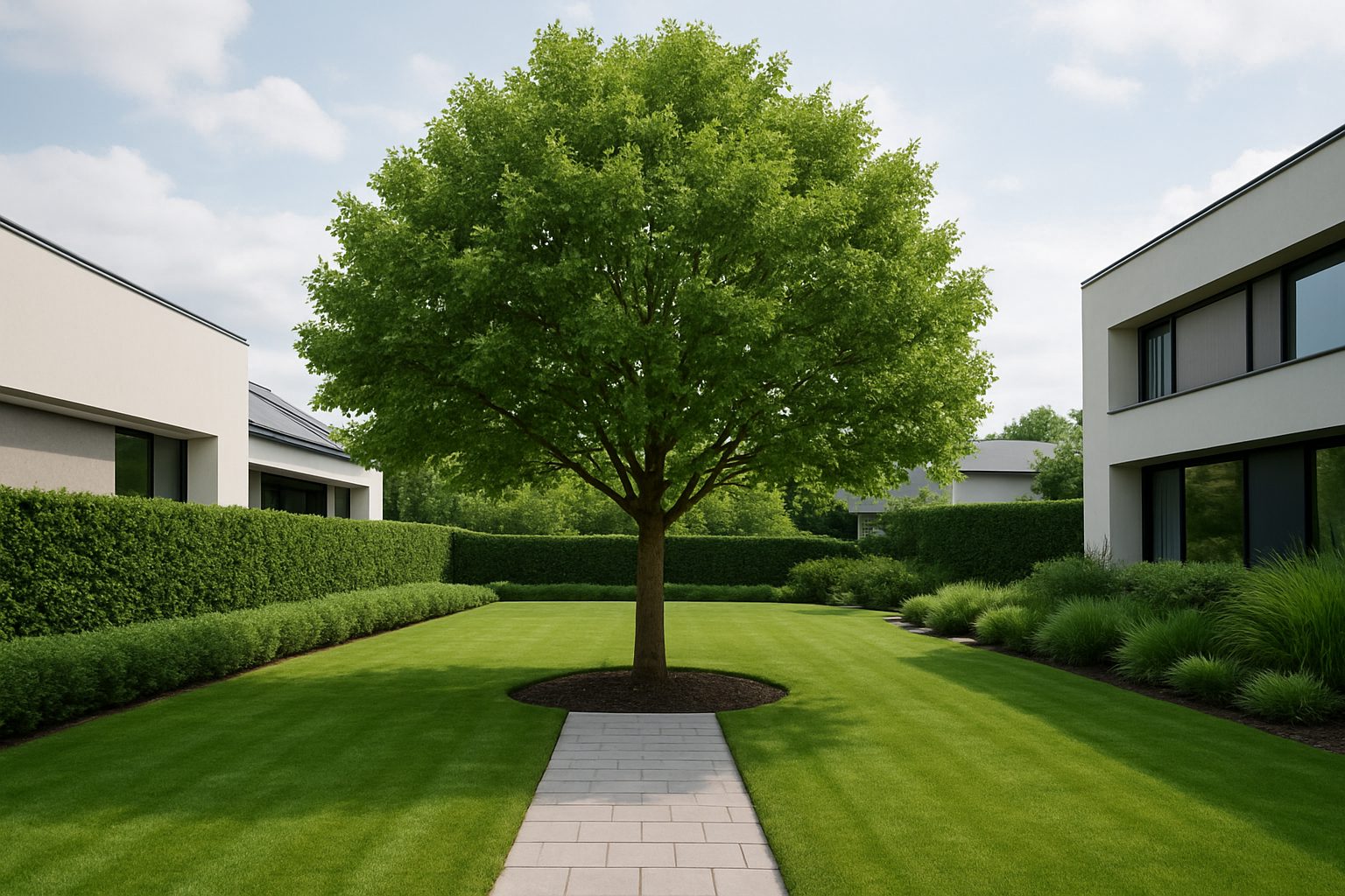 A vibrant green tree in a manicured garden, surrounded by neatly trimmed hedges and modern architecture.