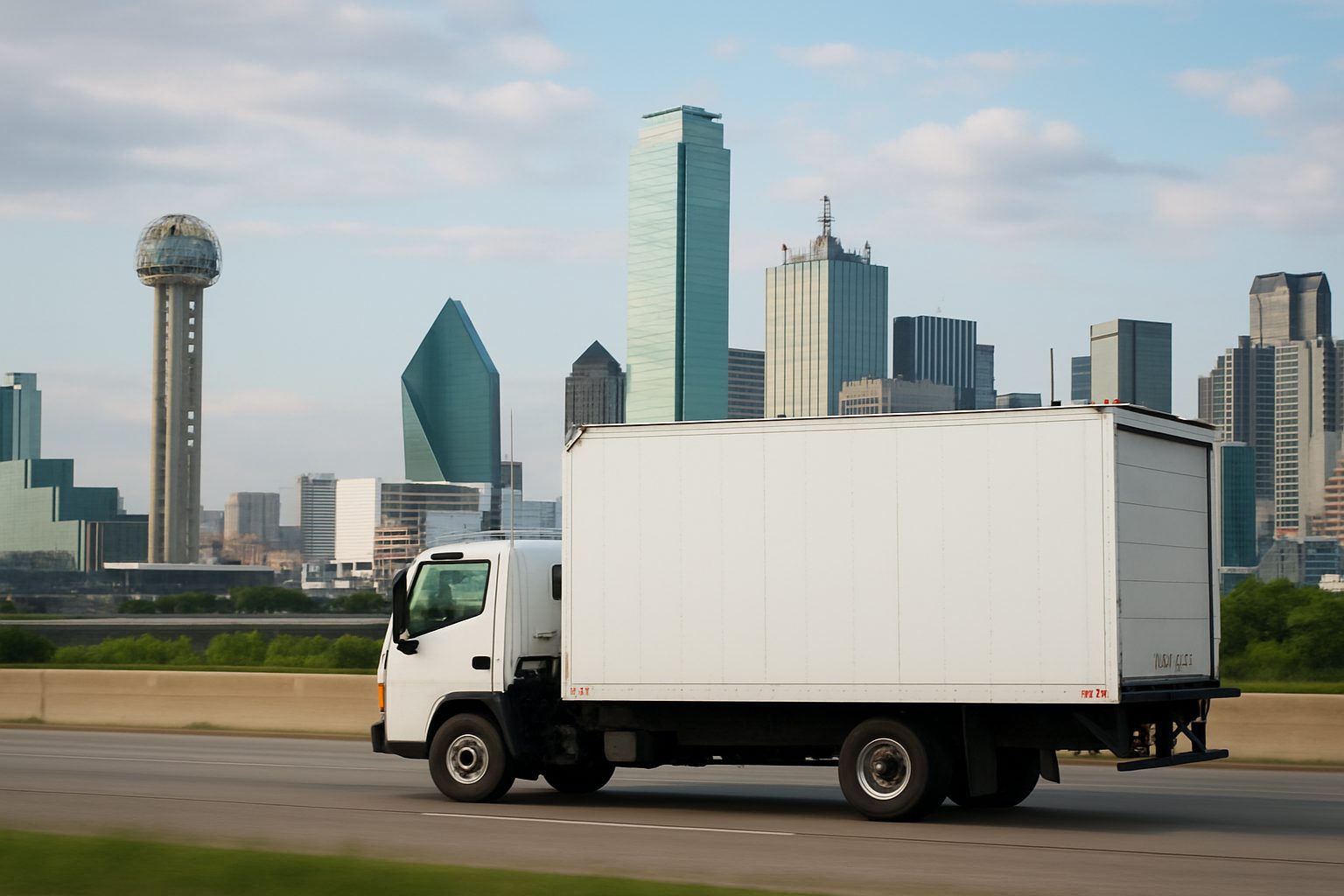 A moving truck on a highway with the Dallas skyline in the background.