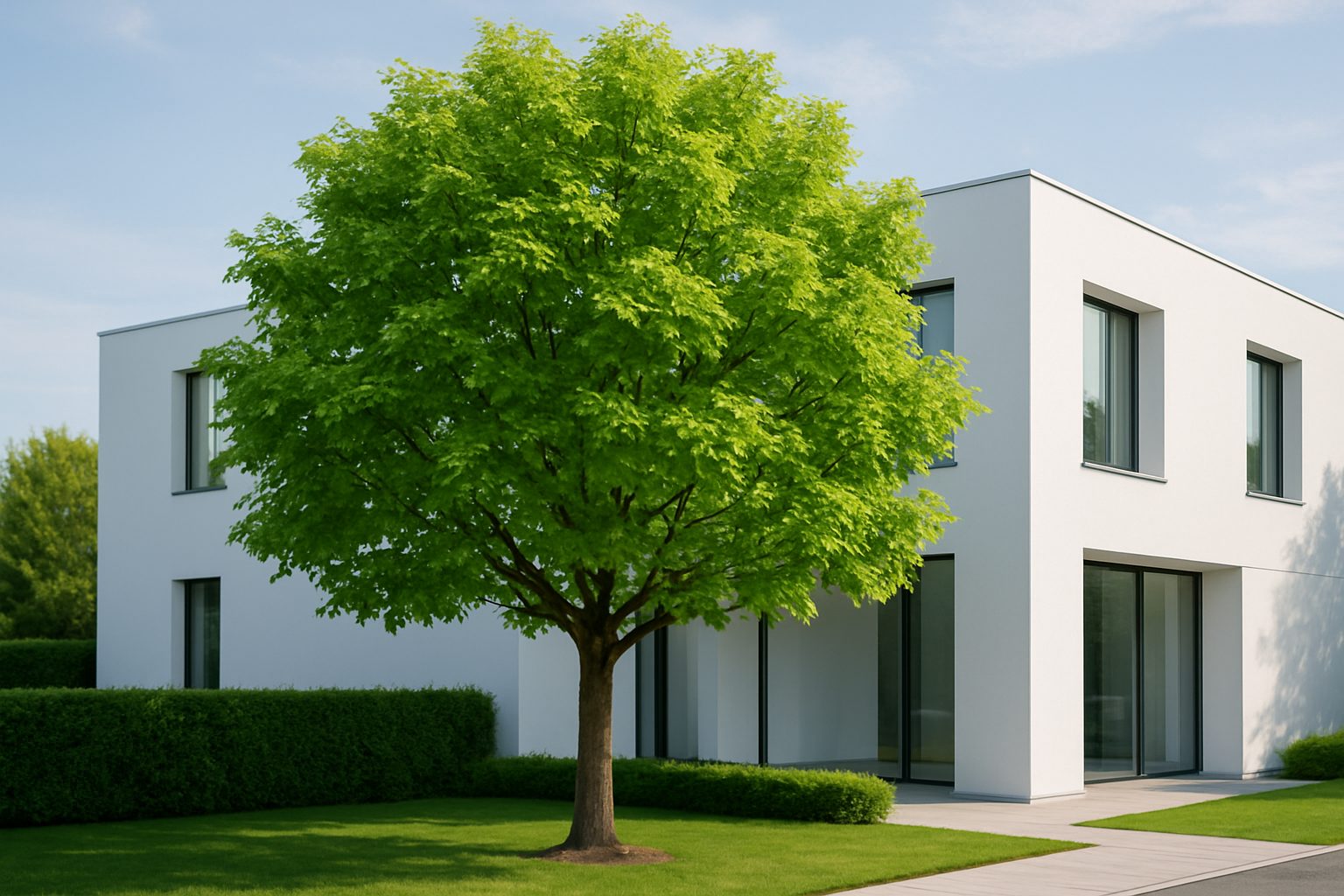 A lush green tree standing in front of a modern white house with large windows and manicured lawn.