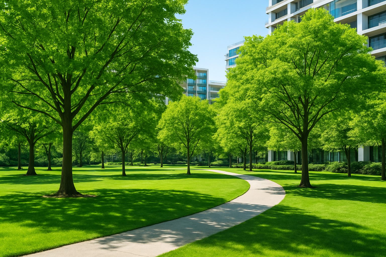 A well-maintained urban park featuring several lush green trees and a winding pathway.