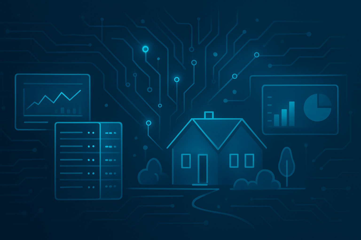 Stylized illustration of a home surrounded by digital circuits and data panels
