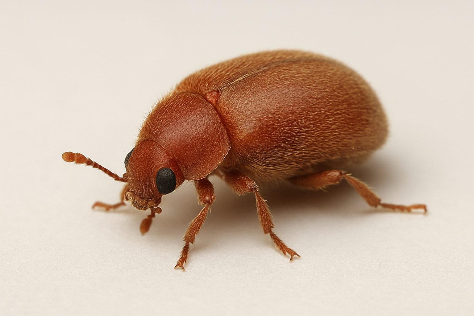 Close-up of a cigarette beetle on a light background