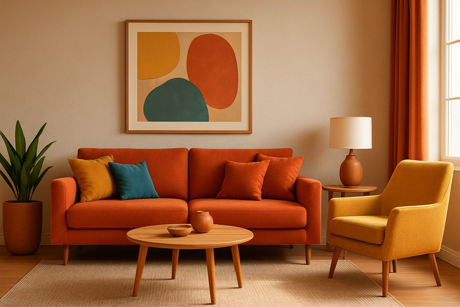 A cozy living room with a warm orange sofa, colorful pillows, a yellow chair, and a modern abstract painting on the wall