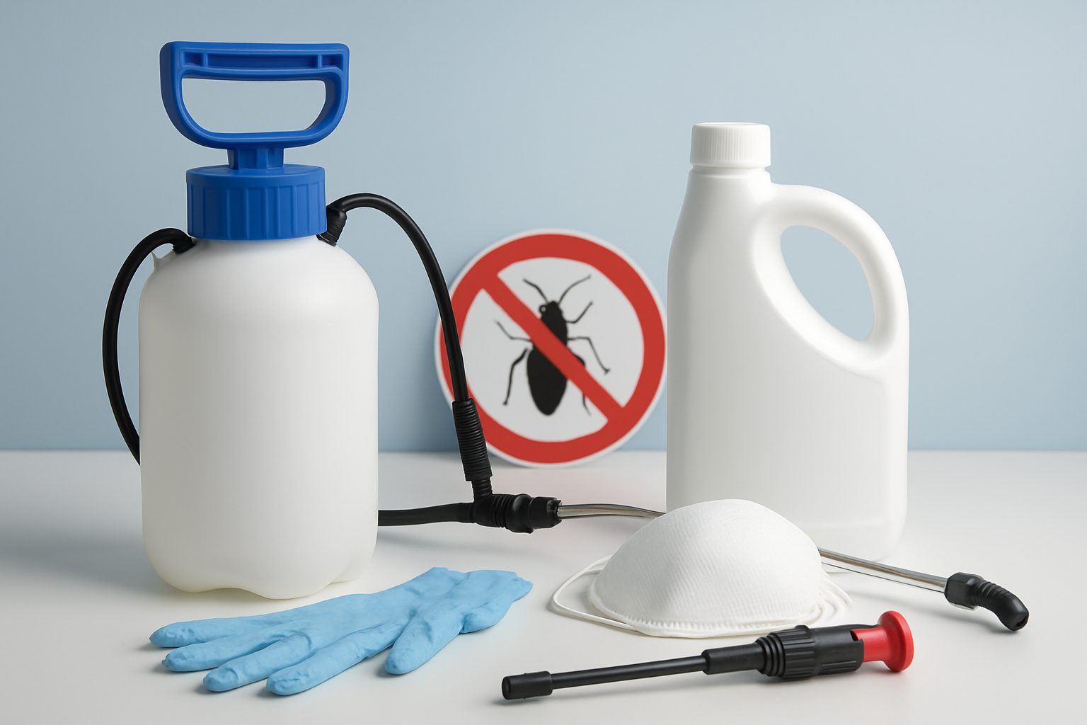 Pest control equipment including a sprayer, gloves, and a no pest sign