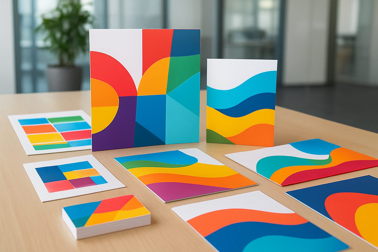 A collection of colorful printed materials arranged on a wooden table, showcasing abstract designs and patterns.